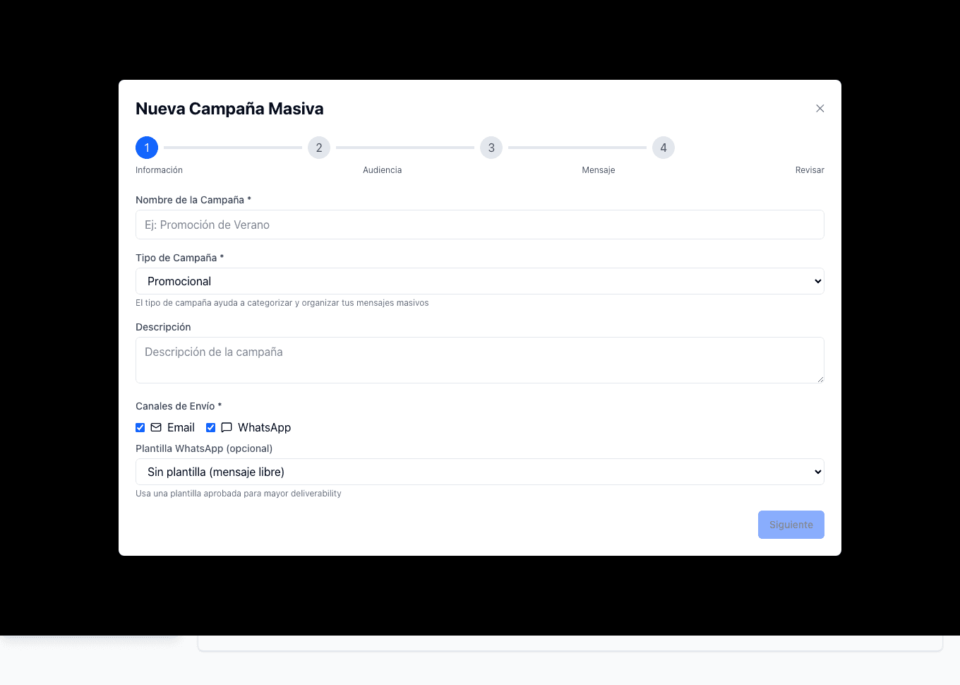 Asistente de nueva campaña masiva (paso inicial del flujo; la captura no implica que se haya enviado nada).