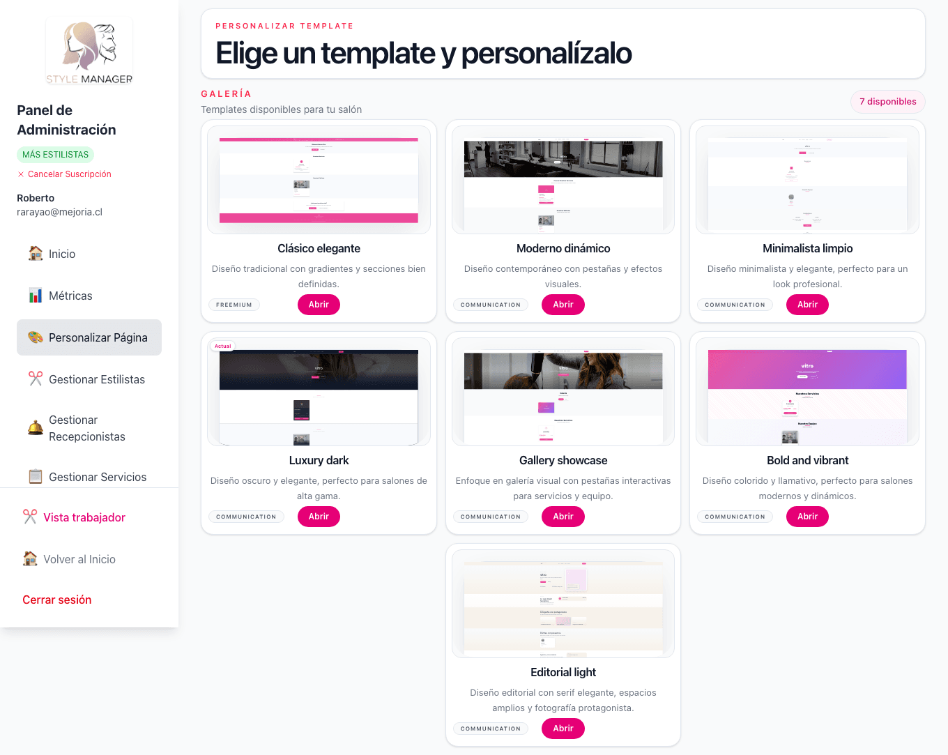 Personalizar página: elección de template y ajustes reales de tu salón (colores, textos, imágenes) como los ve el administrador.