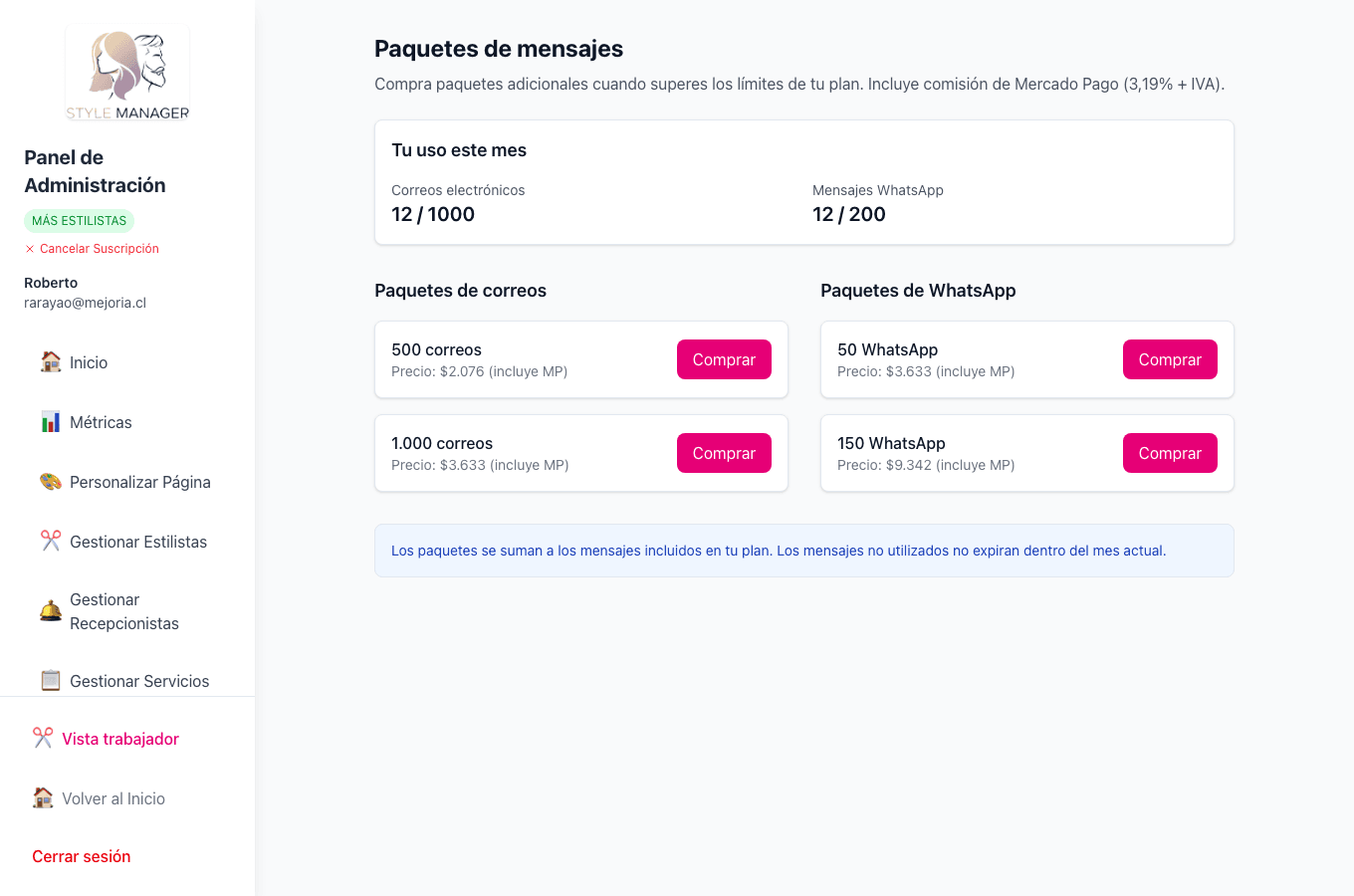 Saldo de mensajes y opciones para comprar paquetes.