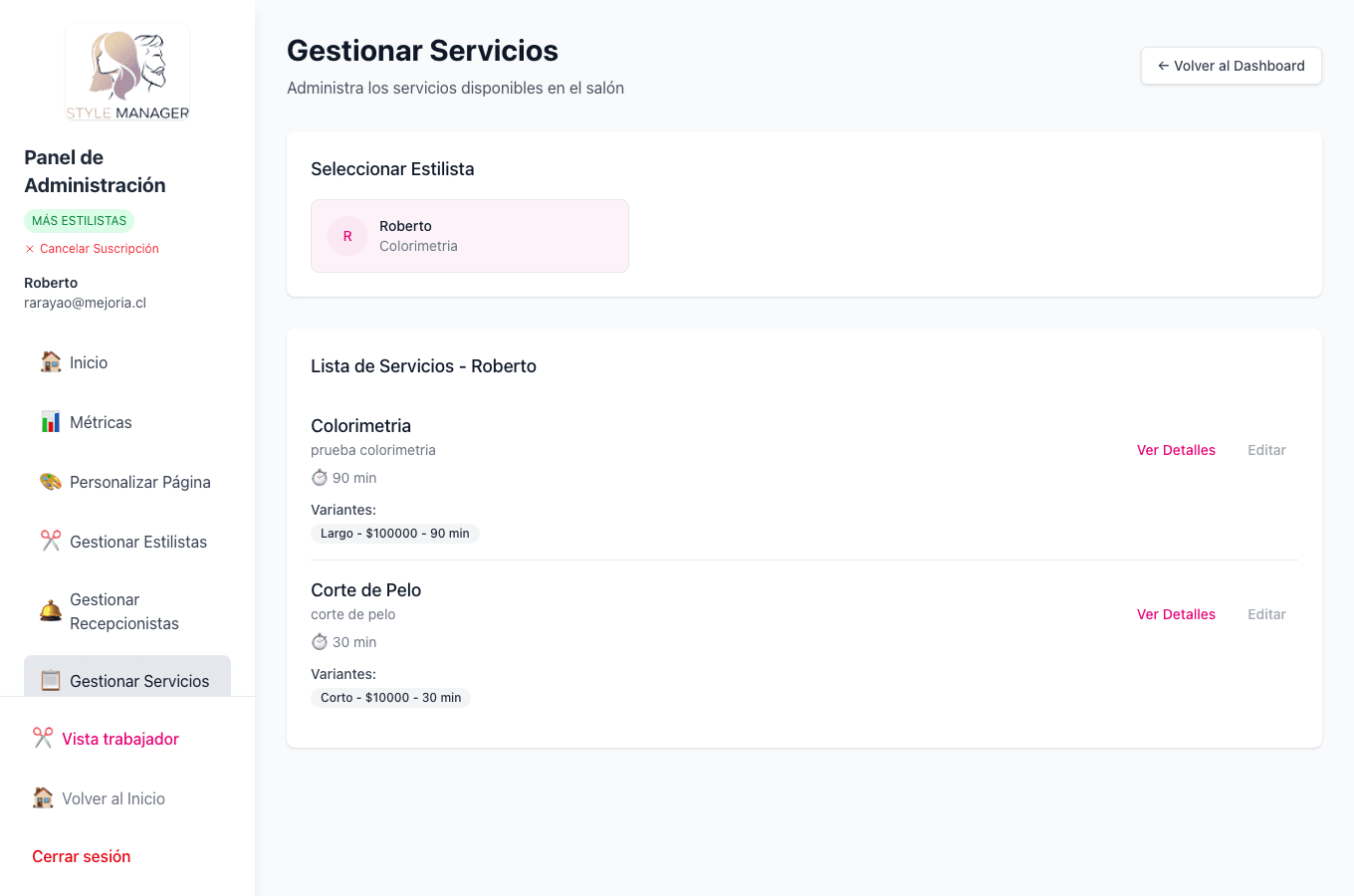 Servicios del salón (duración, precios y visibilidad).