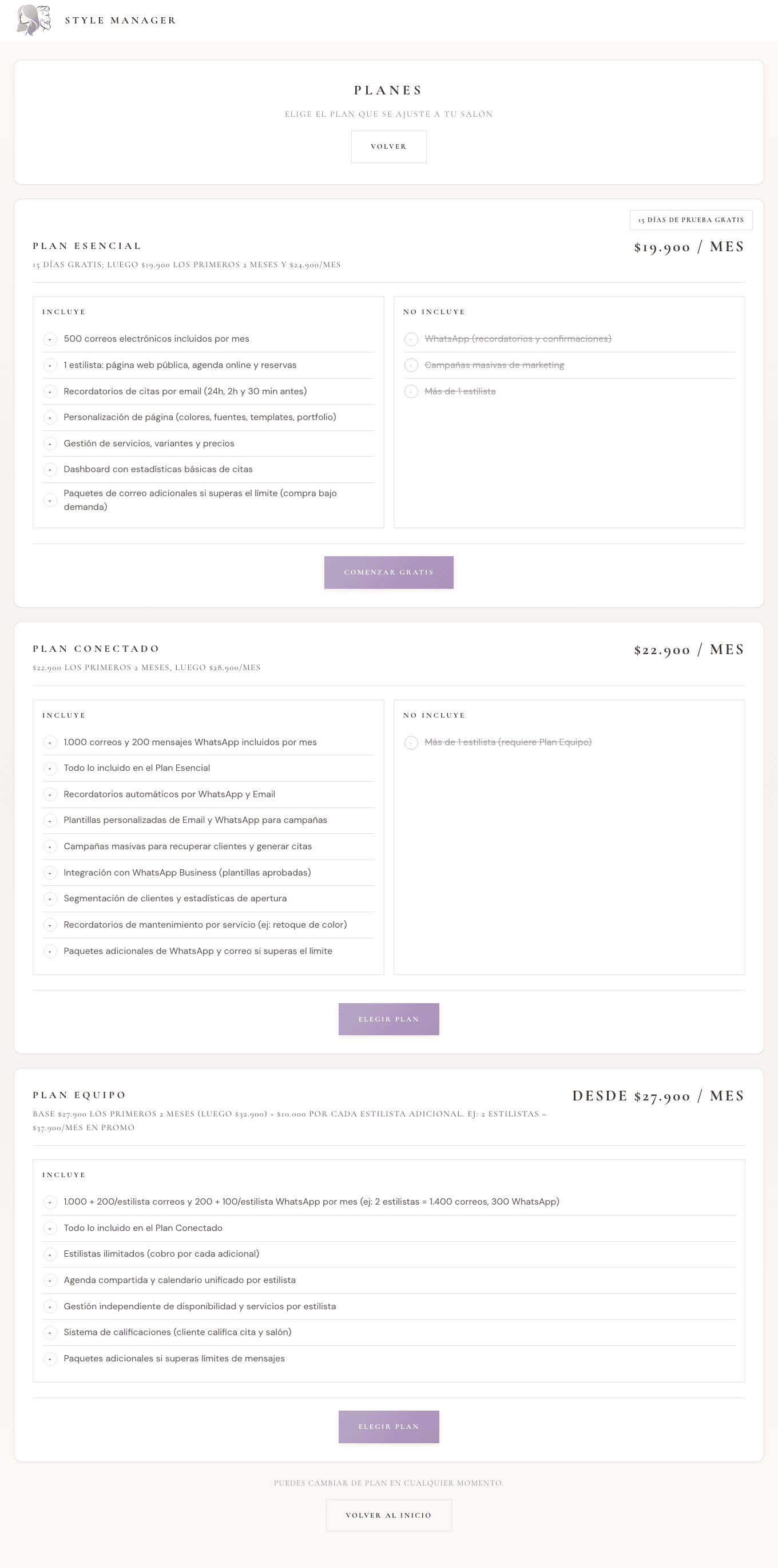 Página pública de planes y precios.