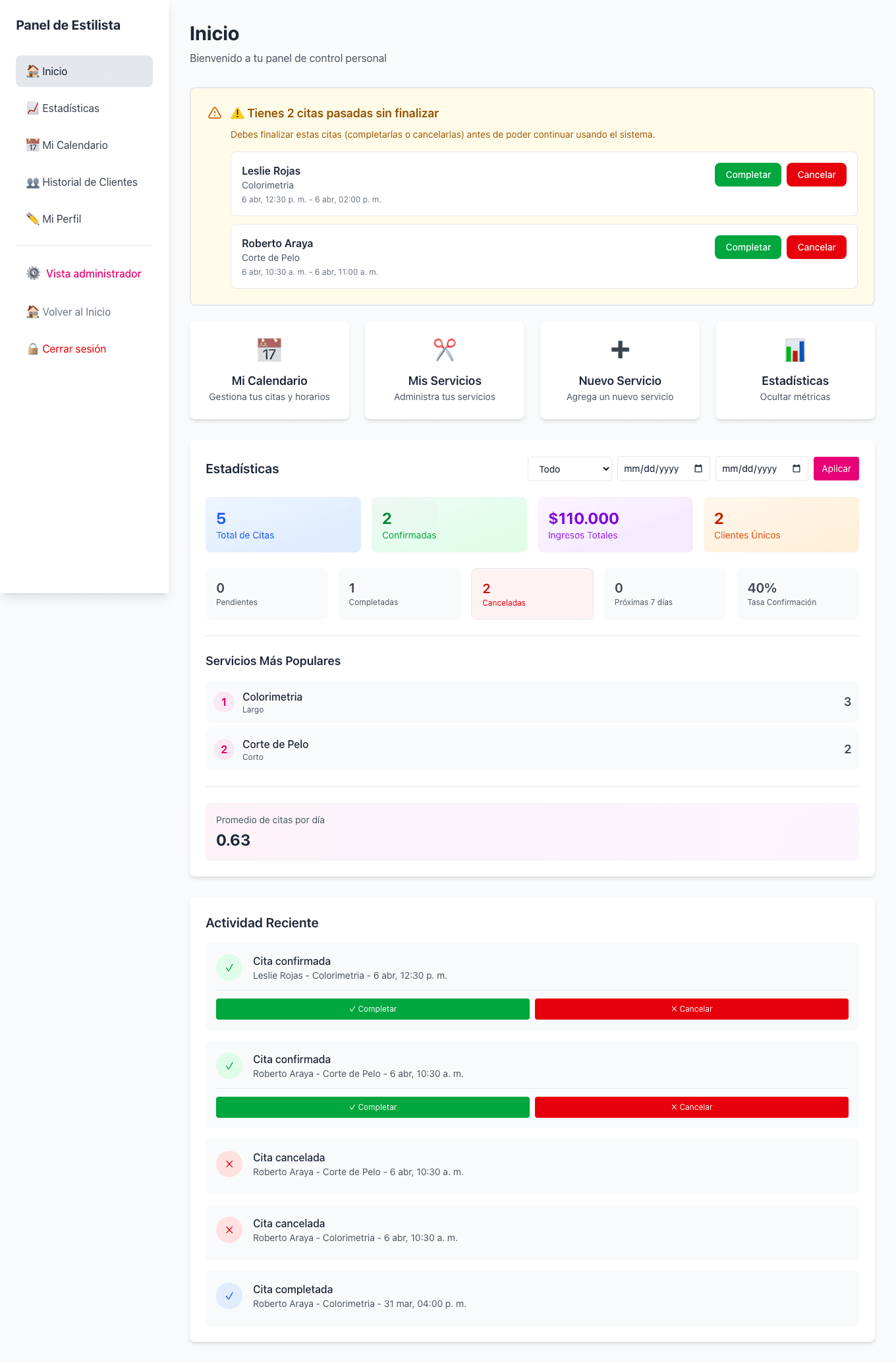 Inicio del panel de estilista: resumen y actividad reciente (vista cargada).