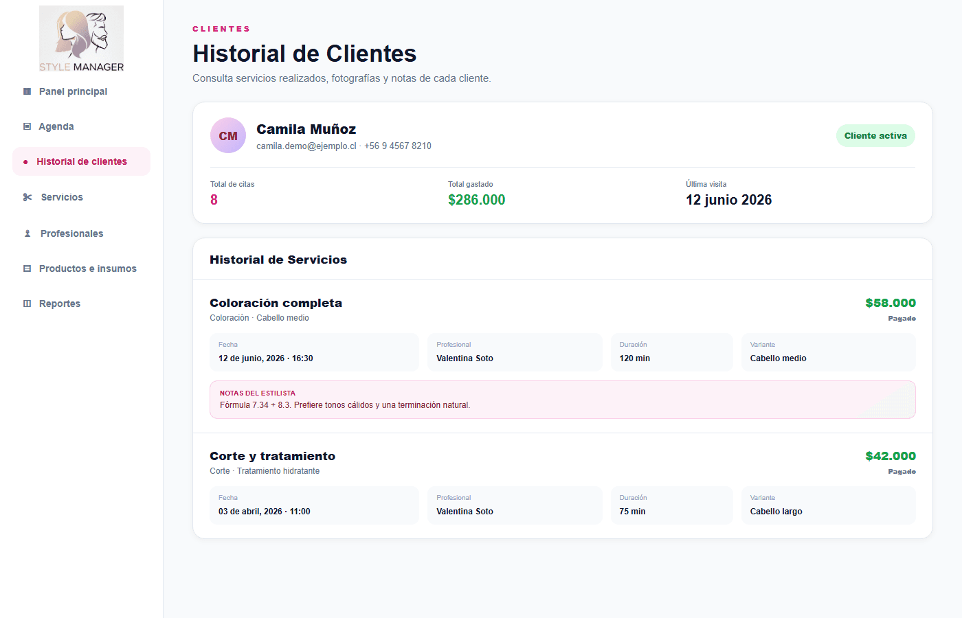 Vista real del historial de clientes de Style Manager con datos ficticios