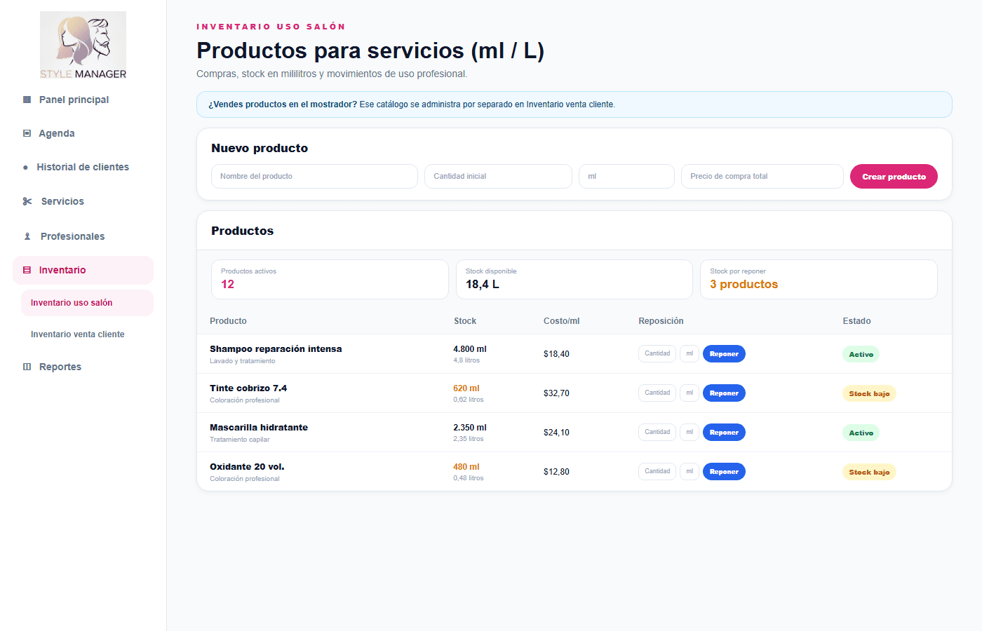 Vista real del inventario de productos para servicios de Style Manager con datos ficticios