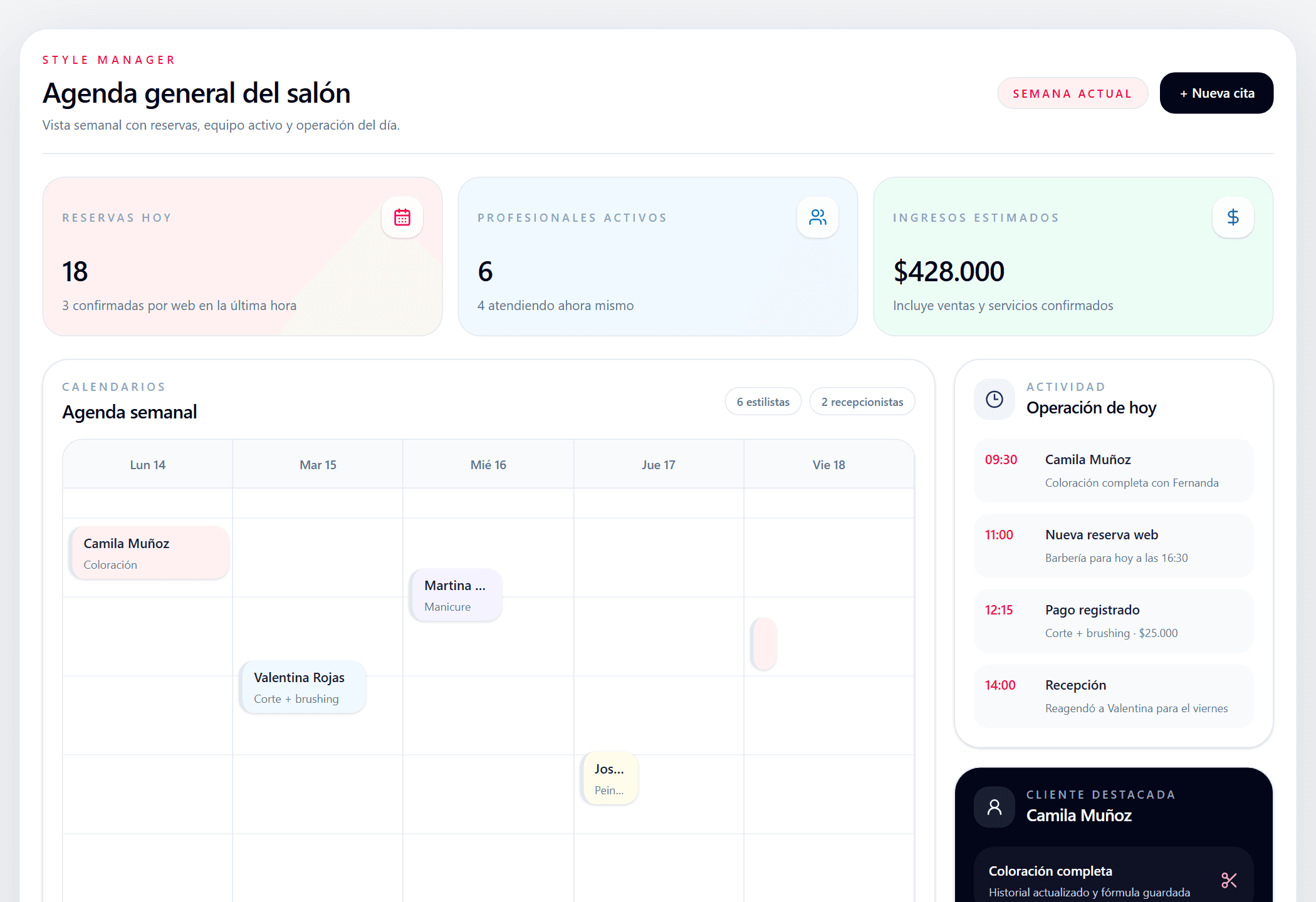 Vista real del panel de agenda semanal de Style Manager con datos de demostración